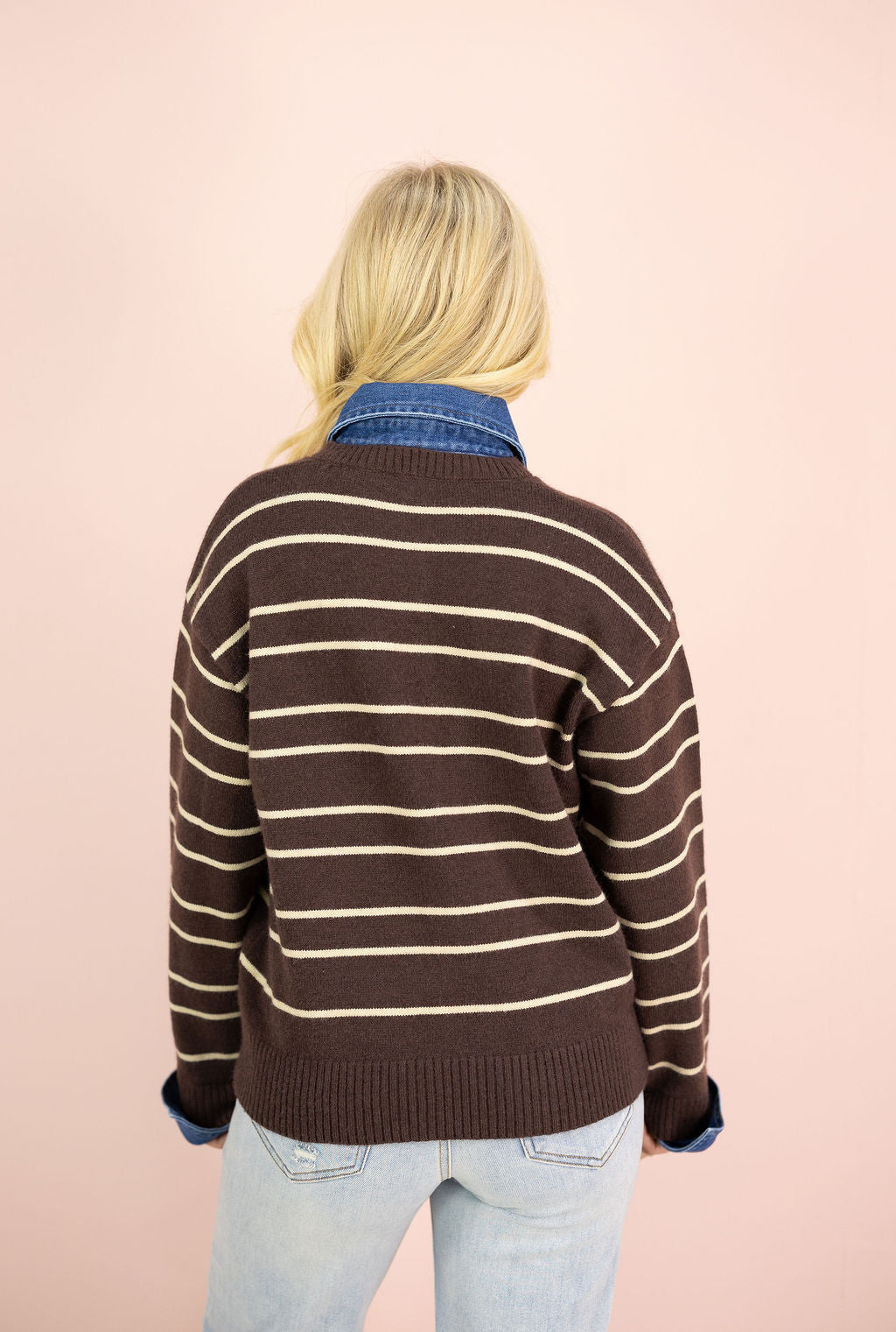 Brown Stripe Sweater w/ Denim Contrast