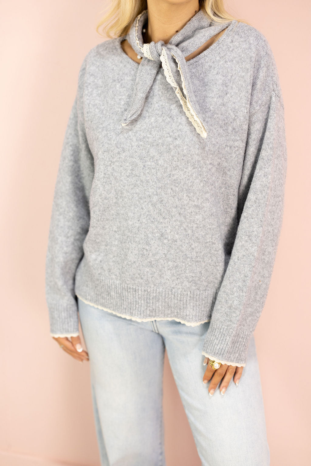 Crochet Hem Sweater w/ Scarf