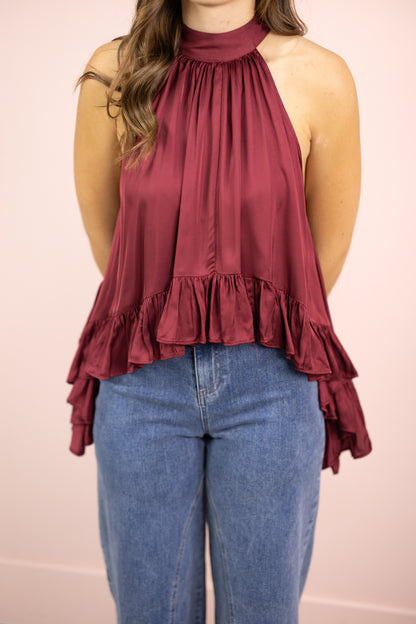 Satin Halter Top Burgundy