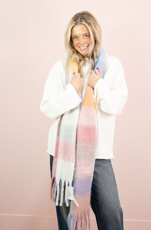 Blue Multi Plaid Tassel Scarf