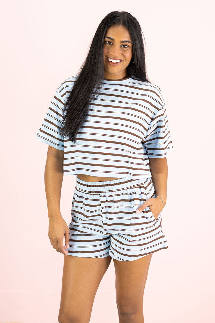 Blue/Brown Striped Top & Shorts Set of 2