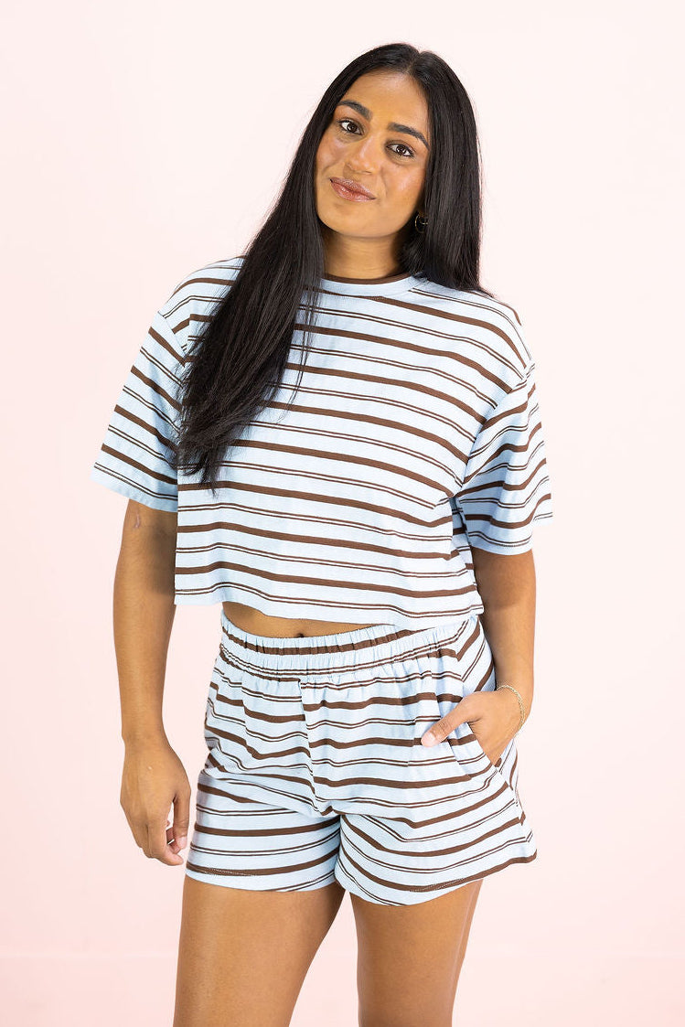 Blue/Brown Striped Top & Shorts Set of 2