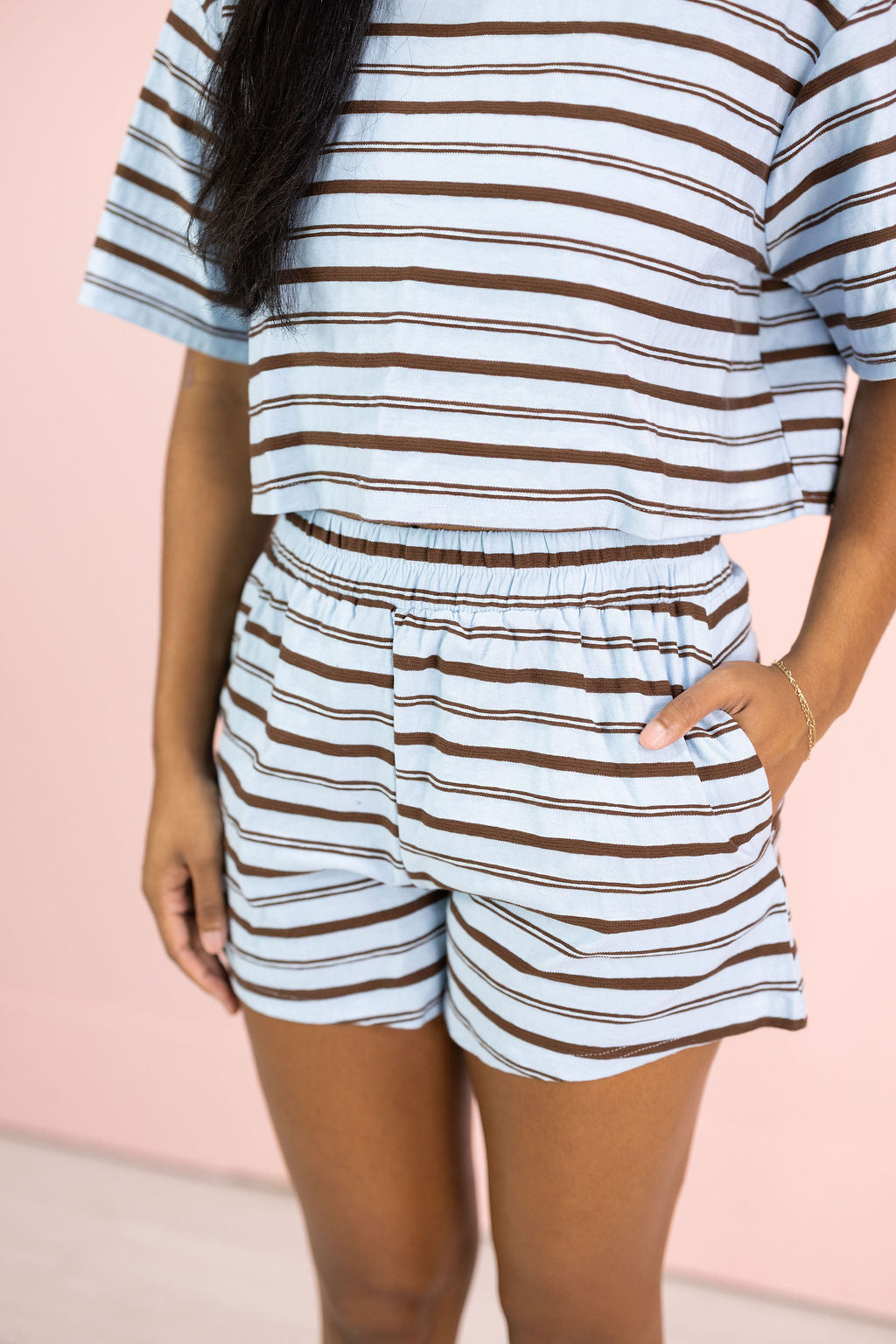 Blue/Brown Striped Top & Shorts Set of 2
