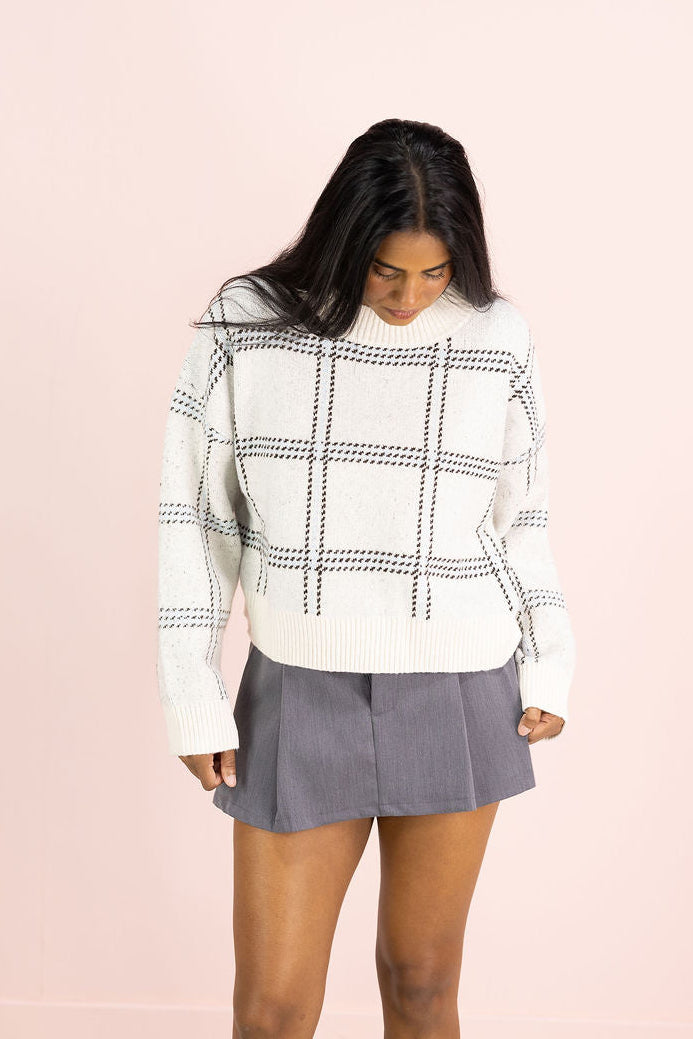 Navy Plaid Grid Sweater