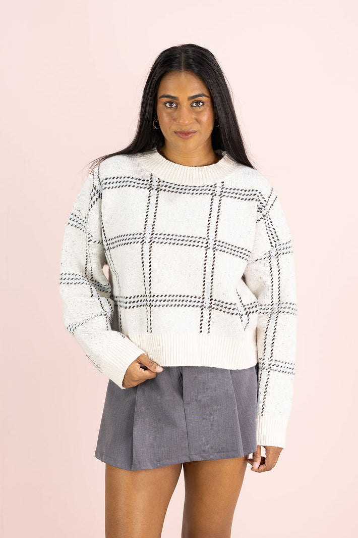 Navy Plaid Grid Sweater