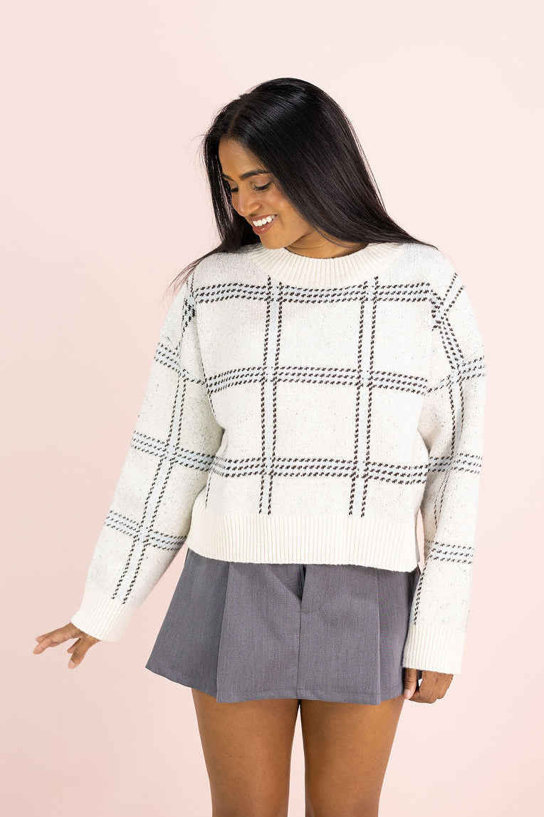 Navy Plaid Grid Sweater