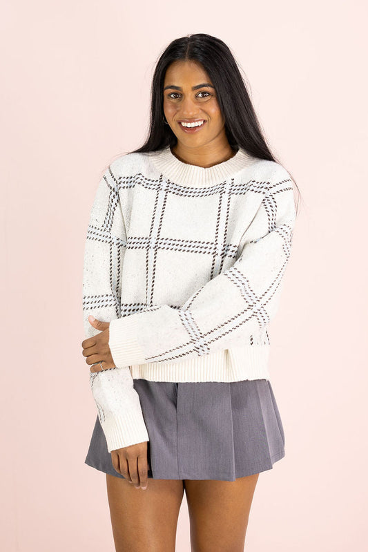 Navy Plaid Grid Sweater
