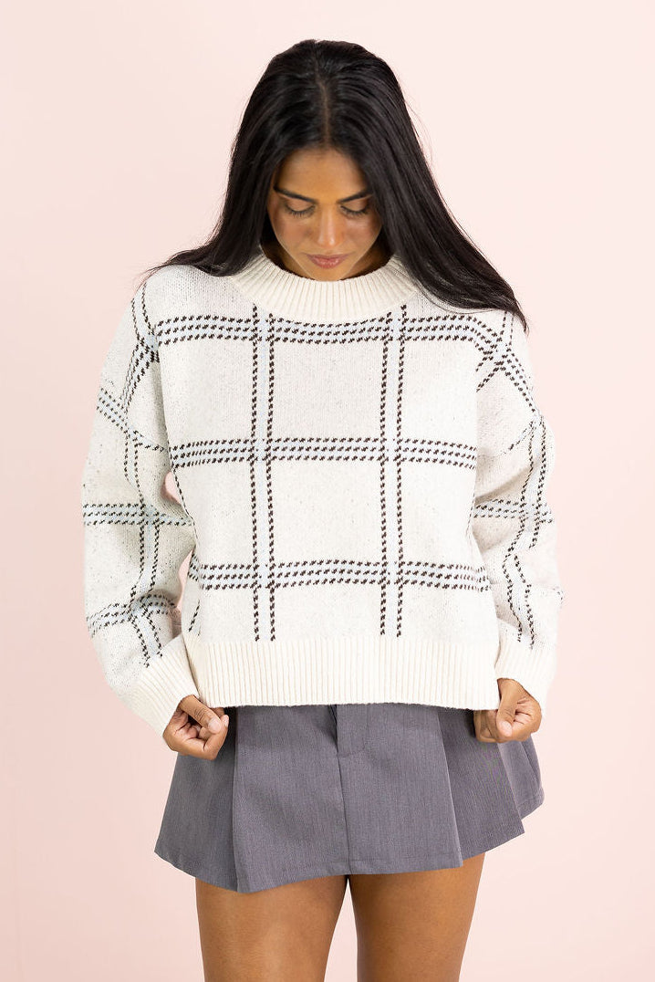 Navy Plaid Grid Sweater