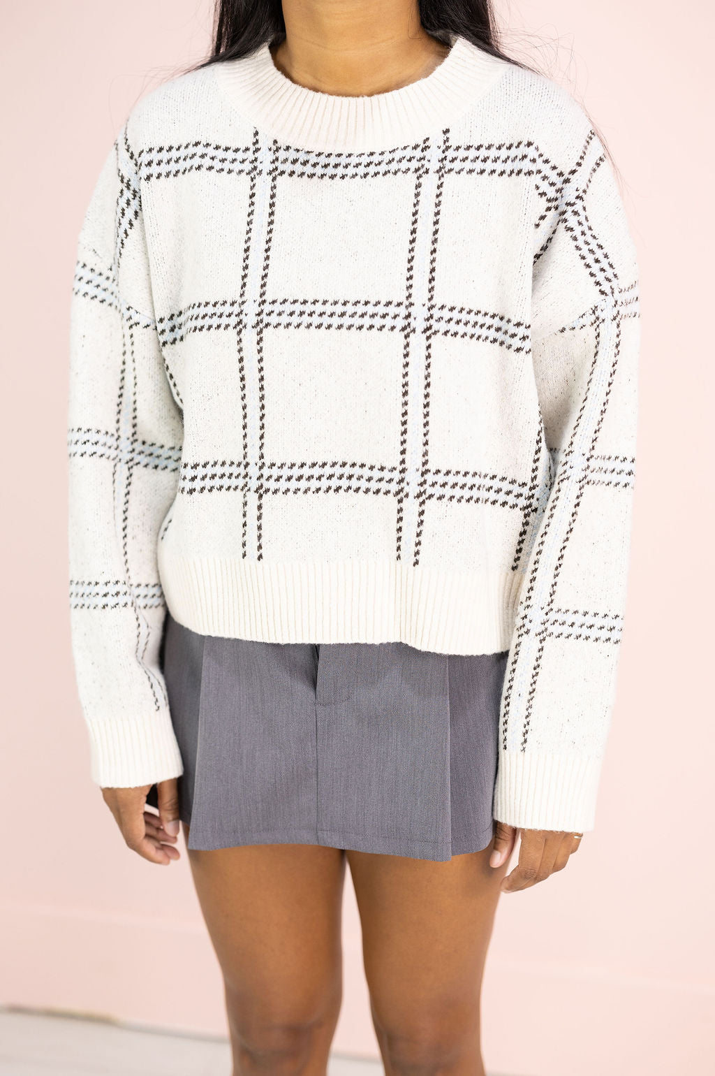 Navy Plaid Grid Sweater