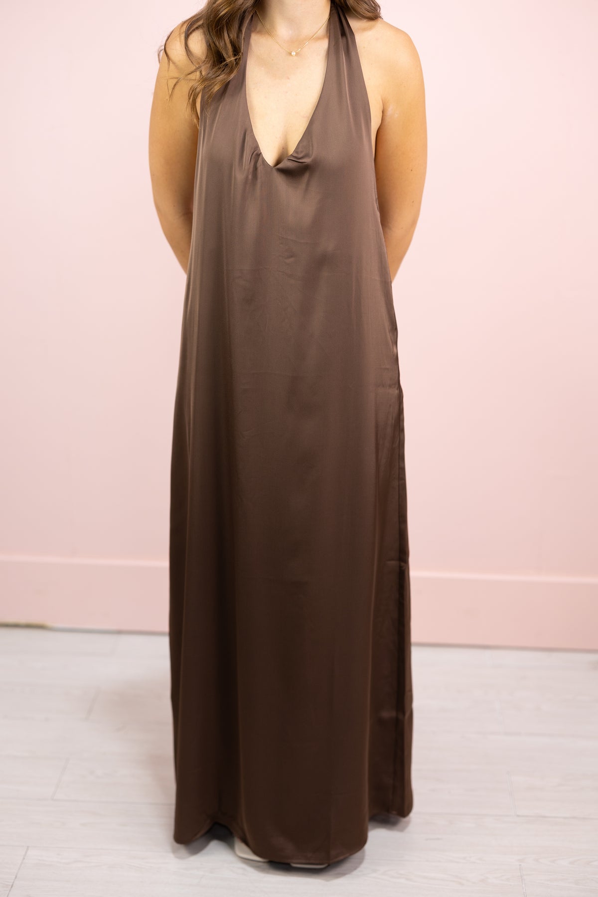 Celeine Brown Halter Maxi Dress