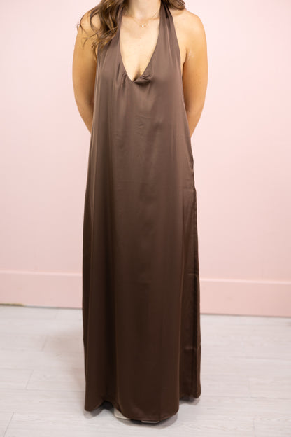 Celeine Brown Halter Maxi Dress