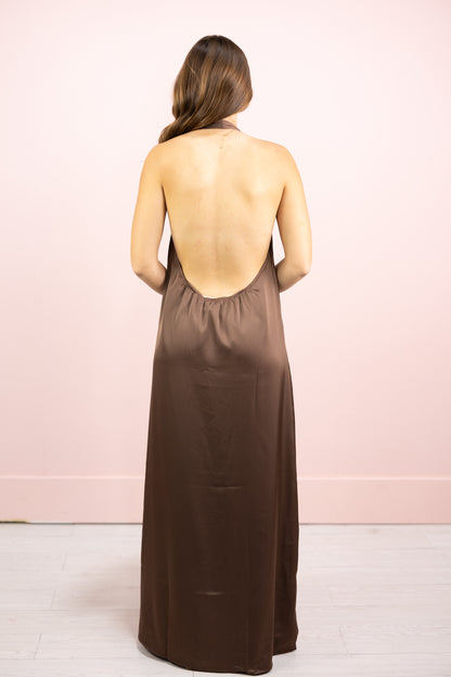 Celeine Brown Halter Maxi Dress