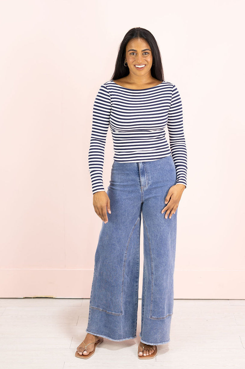 Boat Neck Stripe Top Navy