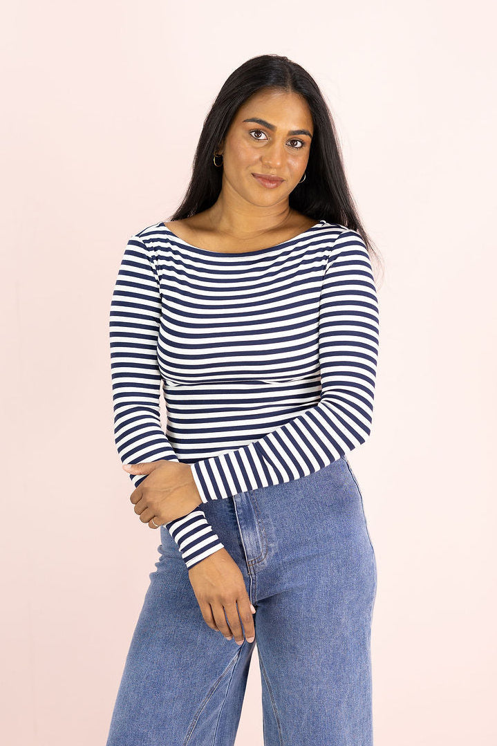 Boat Neck Stripe Top Navy