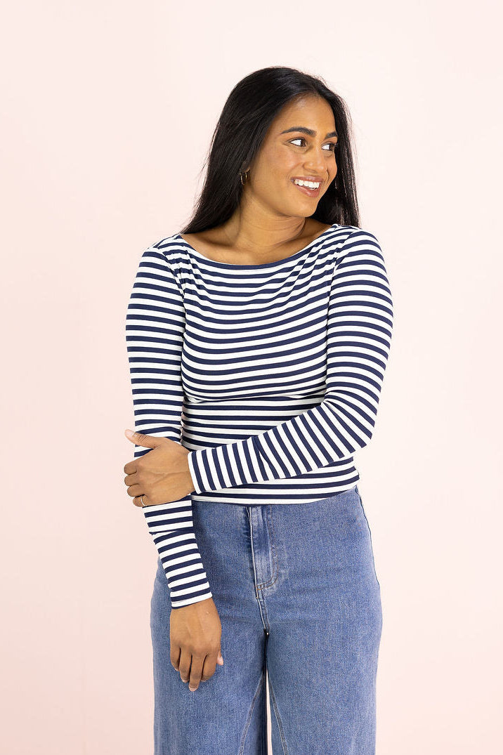 Boat Neck Stripe Top Navy