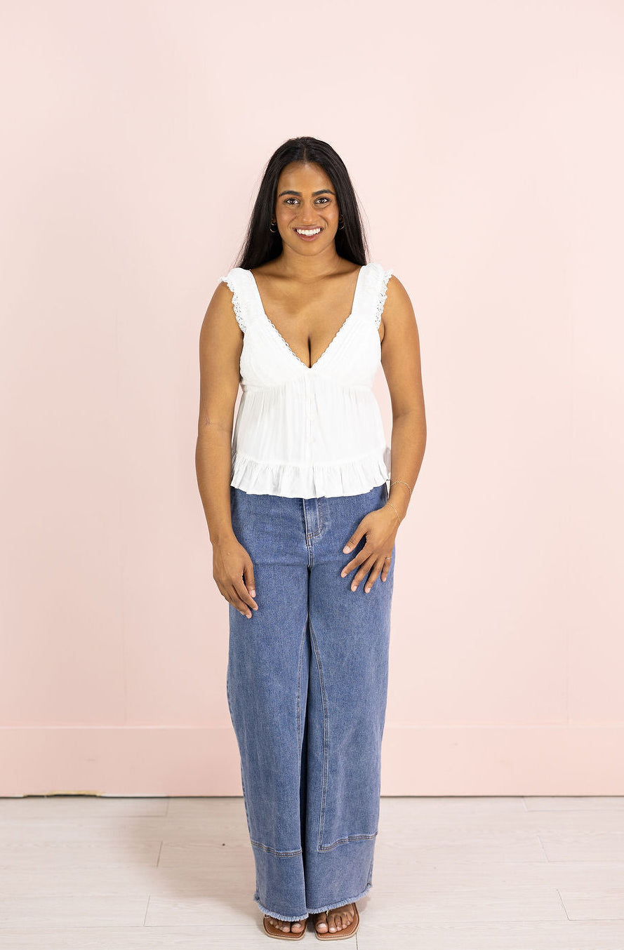 Button Ruffle Hem Top White