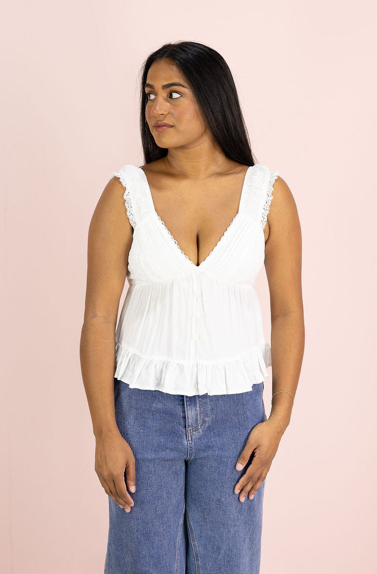 Button Ruffle Hem Top White