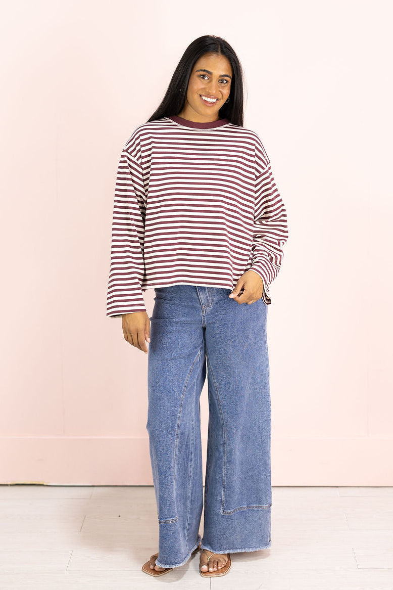 Striped Long Sleeve Top Burgundy
