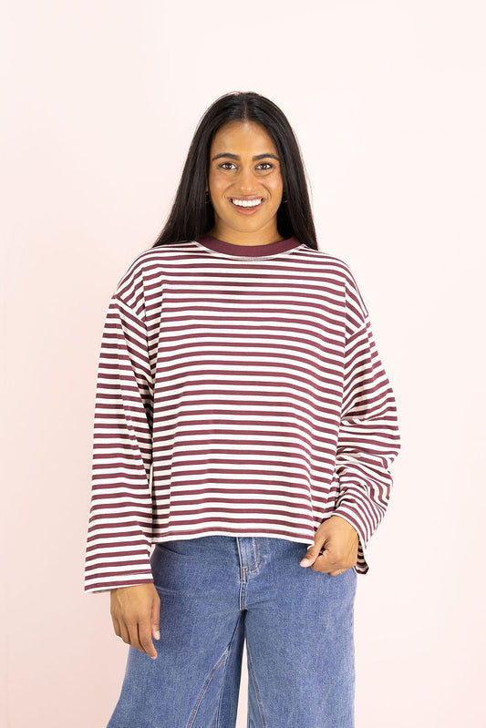 Striped Long Sleeve Top Burgundy