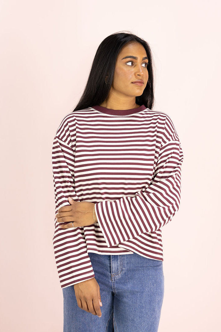 Striped Long Sleeve Top Burgundy