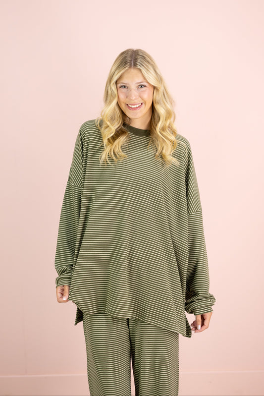 Striped Fleece Oversize Top Olive