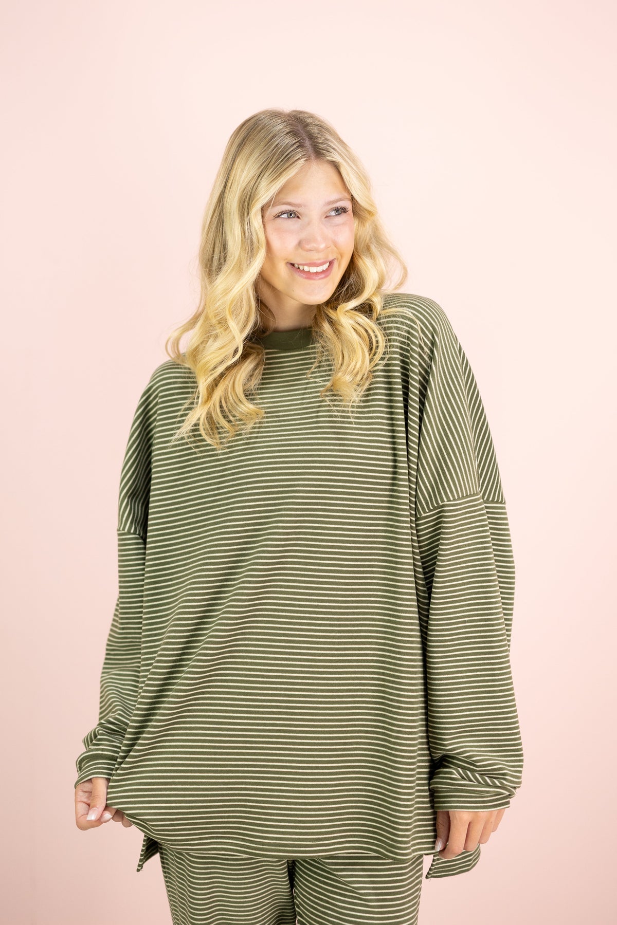 Striped Fleece Oversize Top Olive