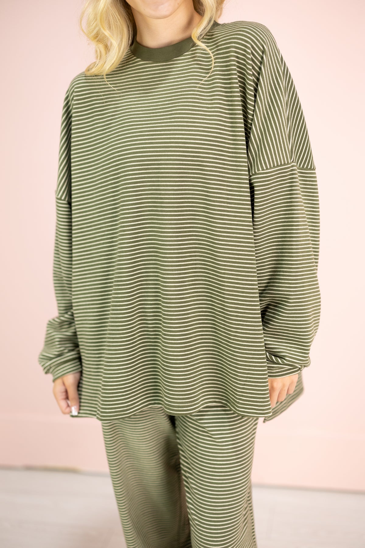 Striped Fleece Oversize Top Olive