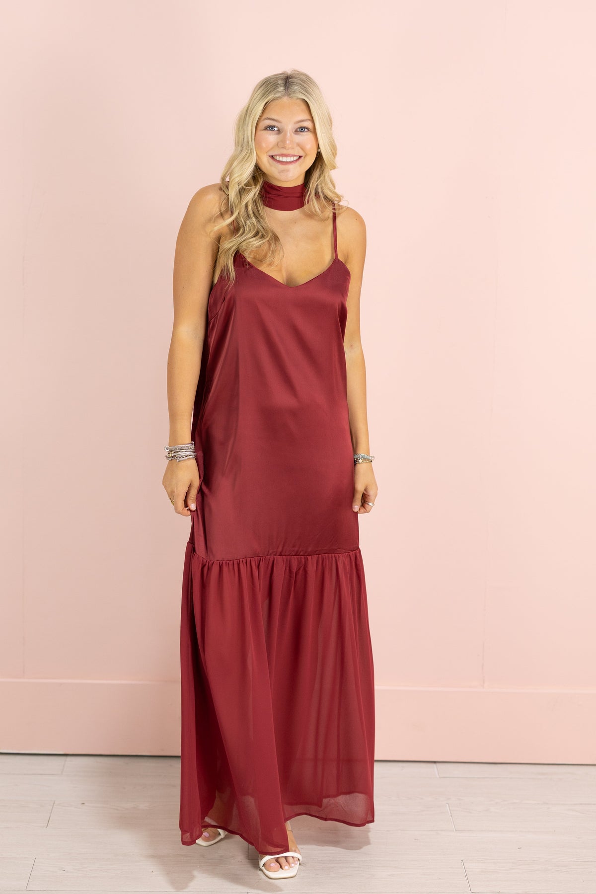 Chiffon Tiered Maxi w/ Scarf Wine