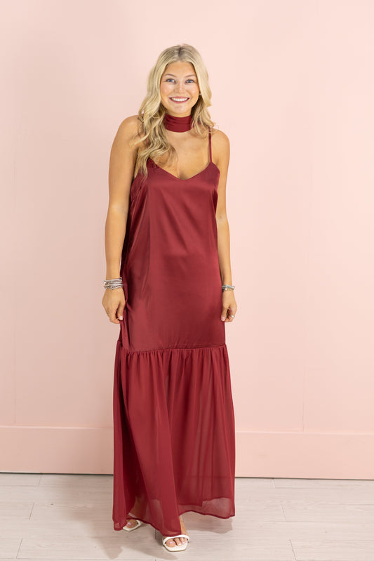 Chiffon Tiered Maxi w/ Scarf Wine