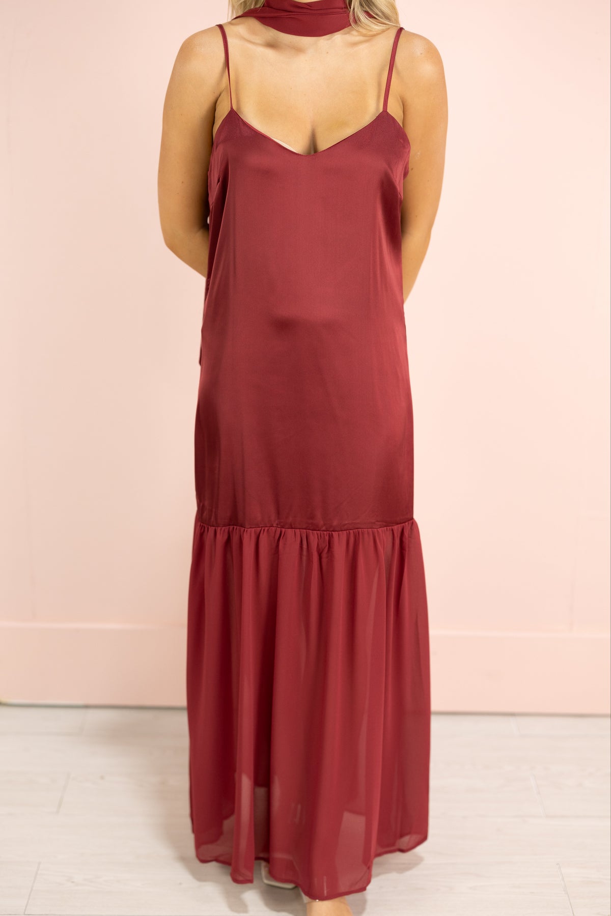 Chiffon Tiered Maxi w/ Scarf Wine