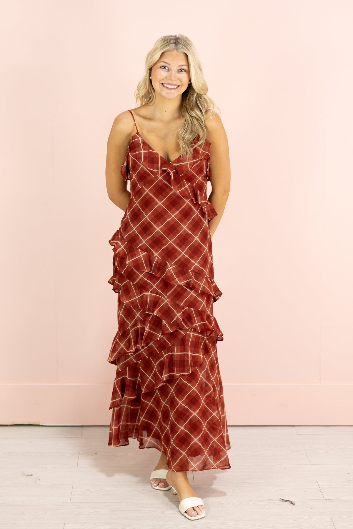 Red Plaid Ruffle Maxi Dress