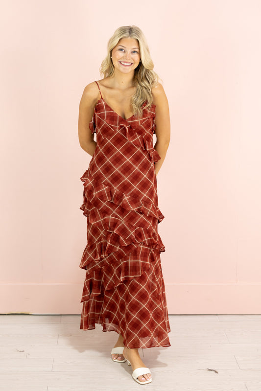 Red Plaid Ruffle Maxi Dress
