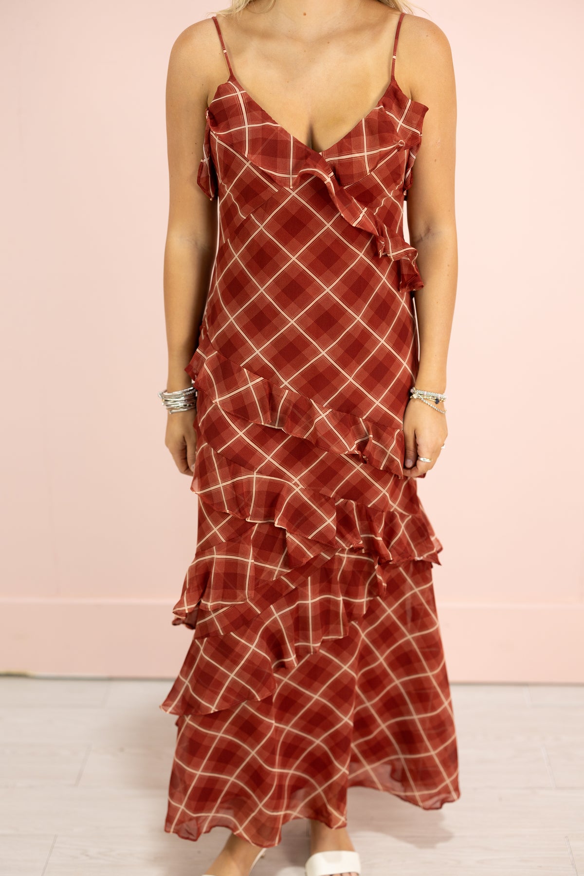 Red Plaid Ruffle Maxi Dress