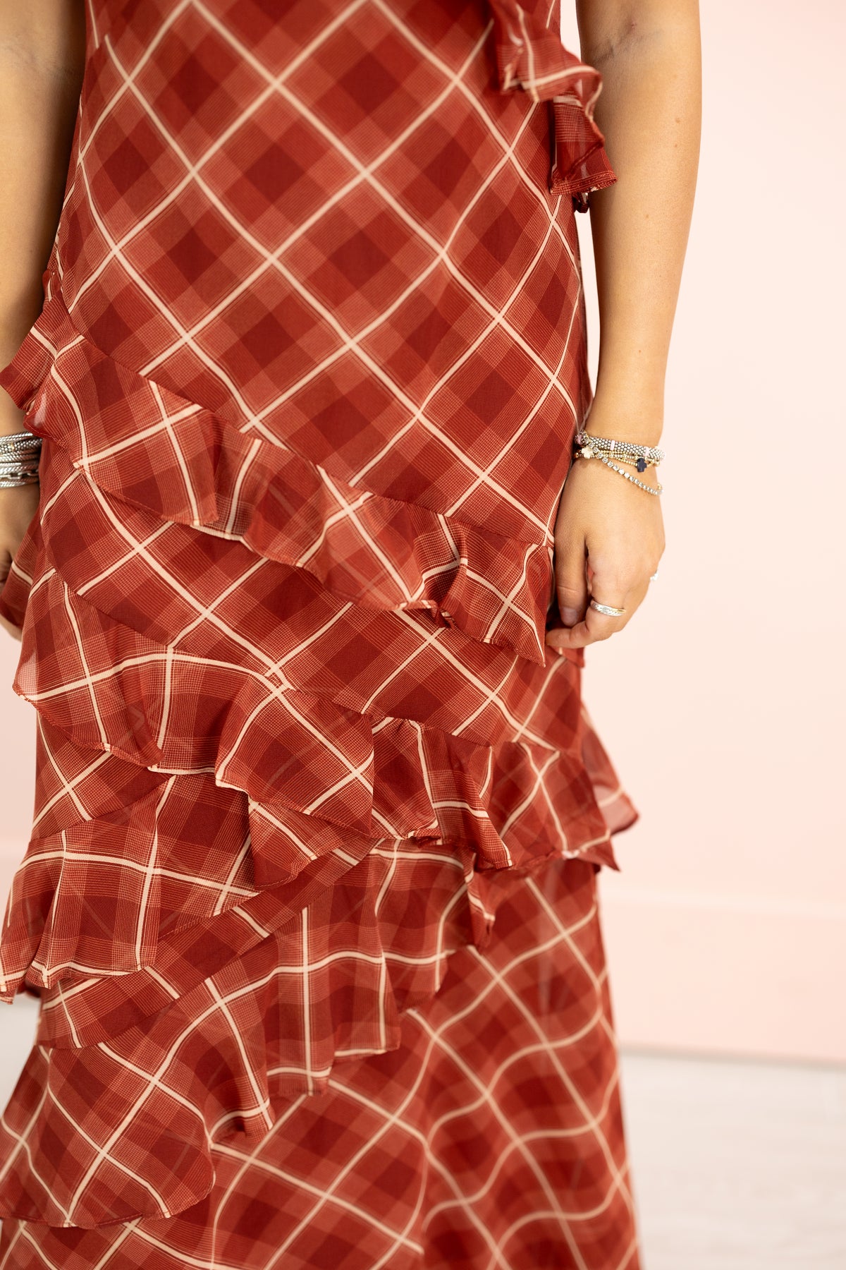 Red Plaid Ruffle Maxi Dress