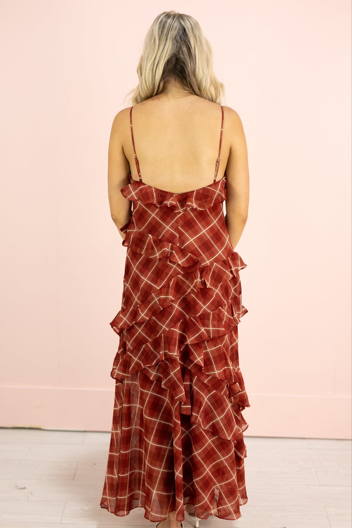 Red Plaid Ruffle Maxi Dress