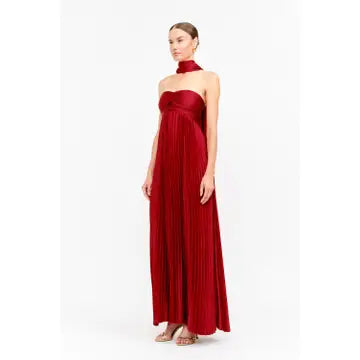 Satin Pleated Maxi Dress Red