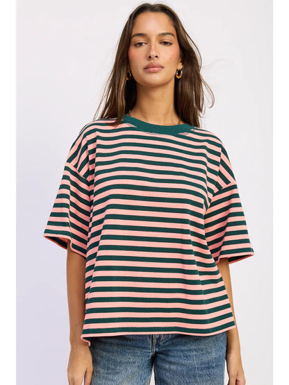 Short Sleeve Stripe T-shirt Green/Pink