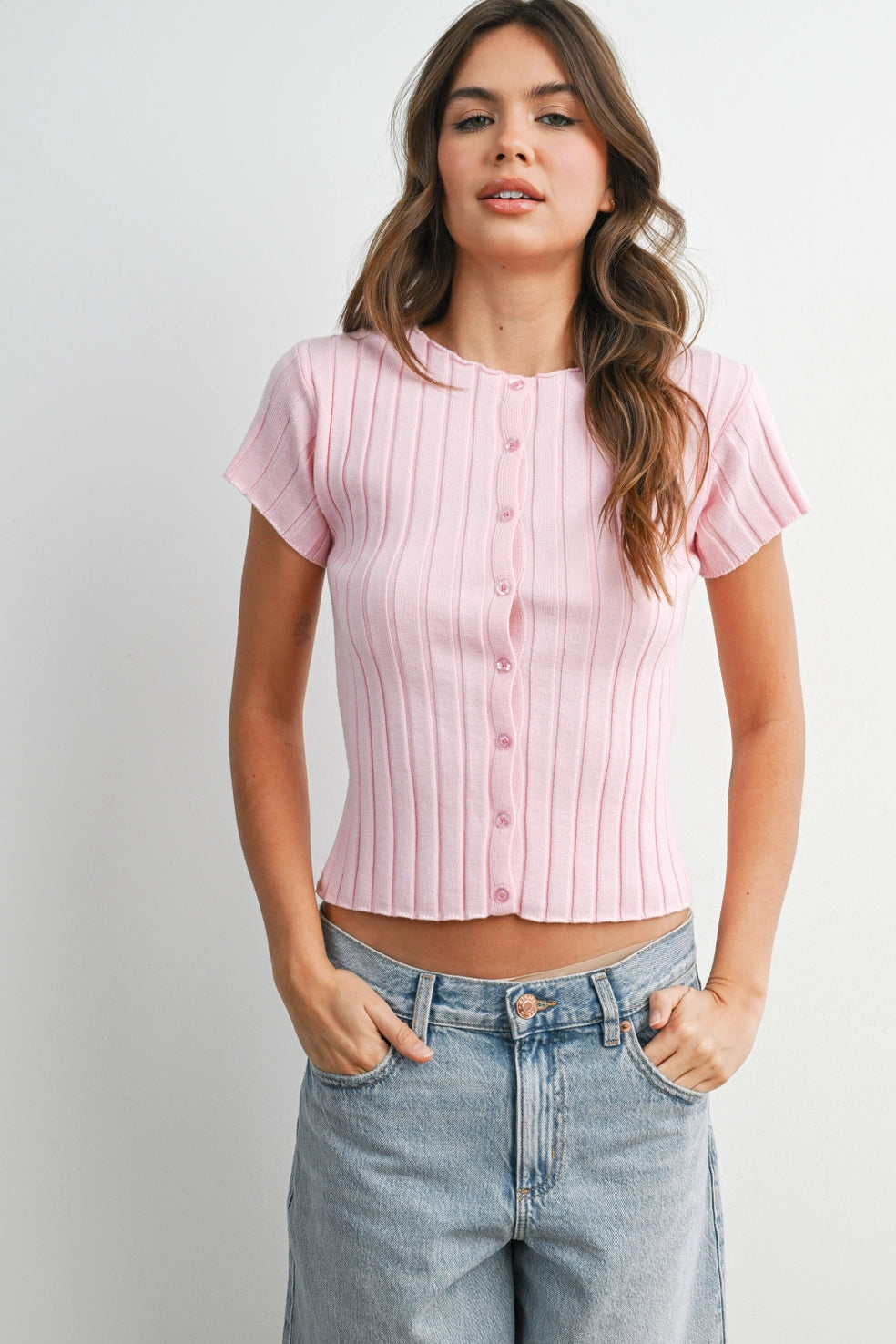 Ribbed S/S Button Top Pink