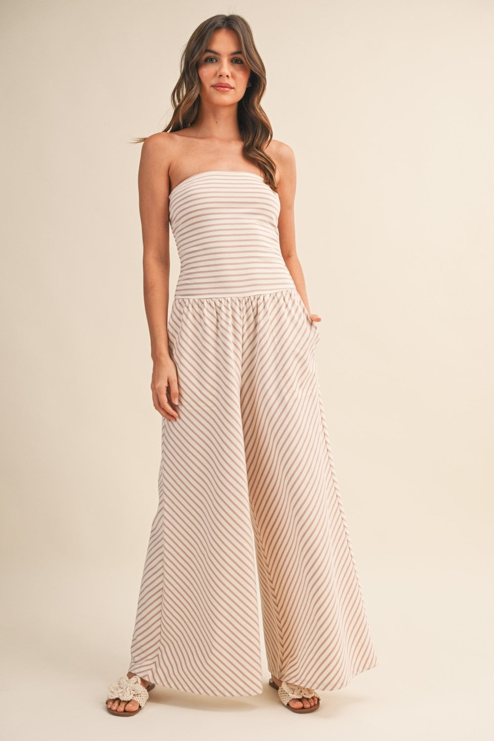 Striped Knit Jumpsuit Ivory/Pink - Clothe Boutique
