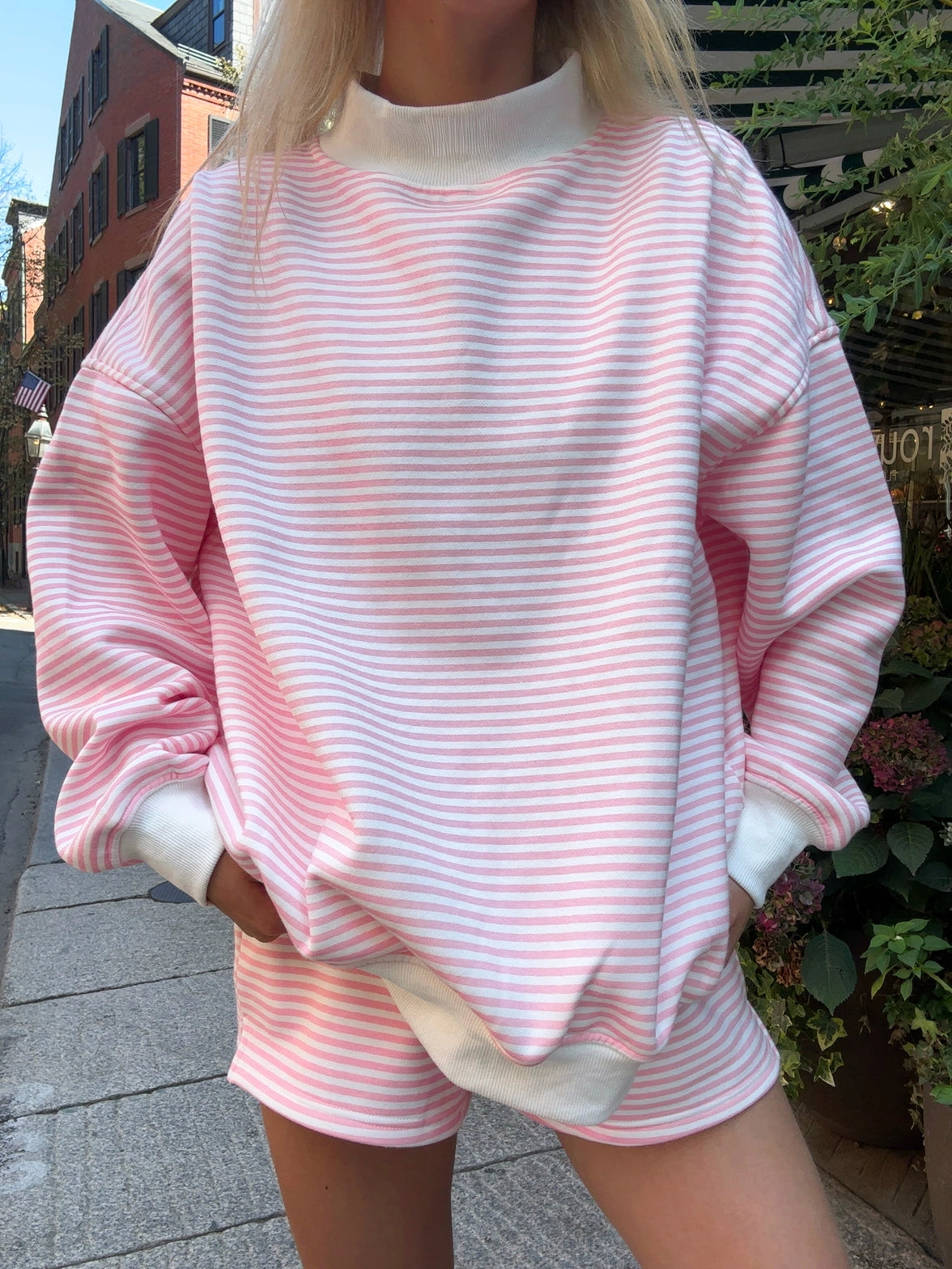 Pink/White Stripe Mock Neck Pullover - Clothe Boutique