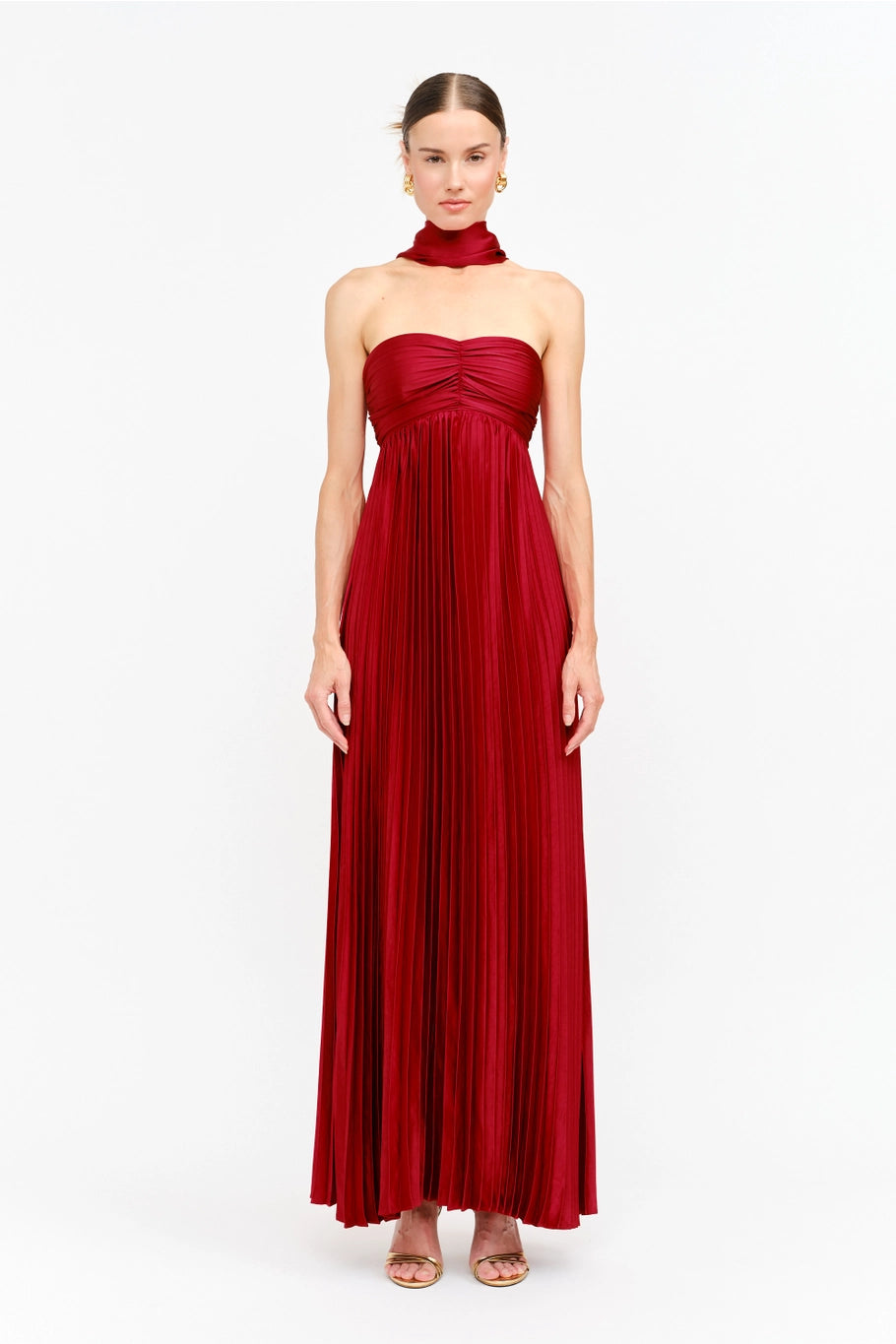 Satin Pleated Maxi Dress Red