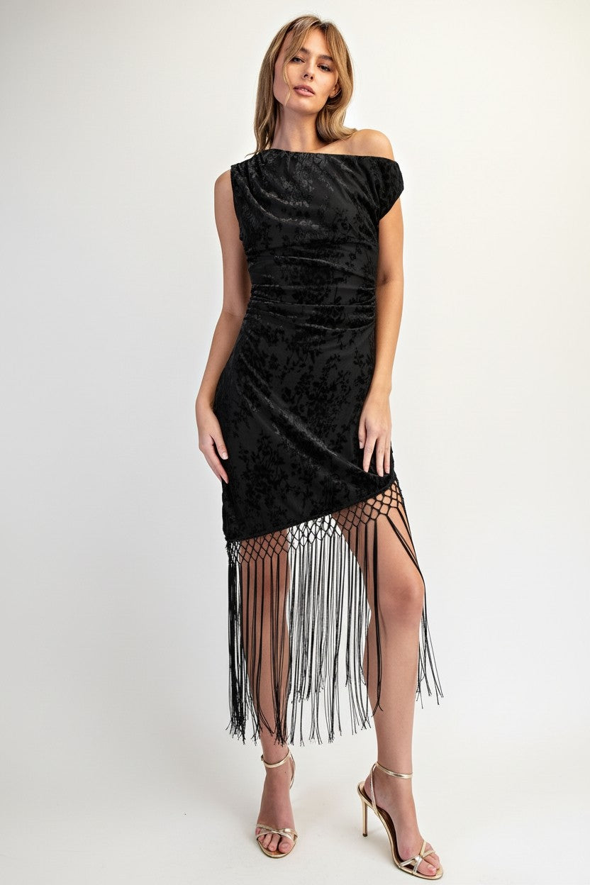 Burnout Velvet Fringe Hem Dress