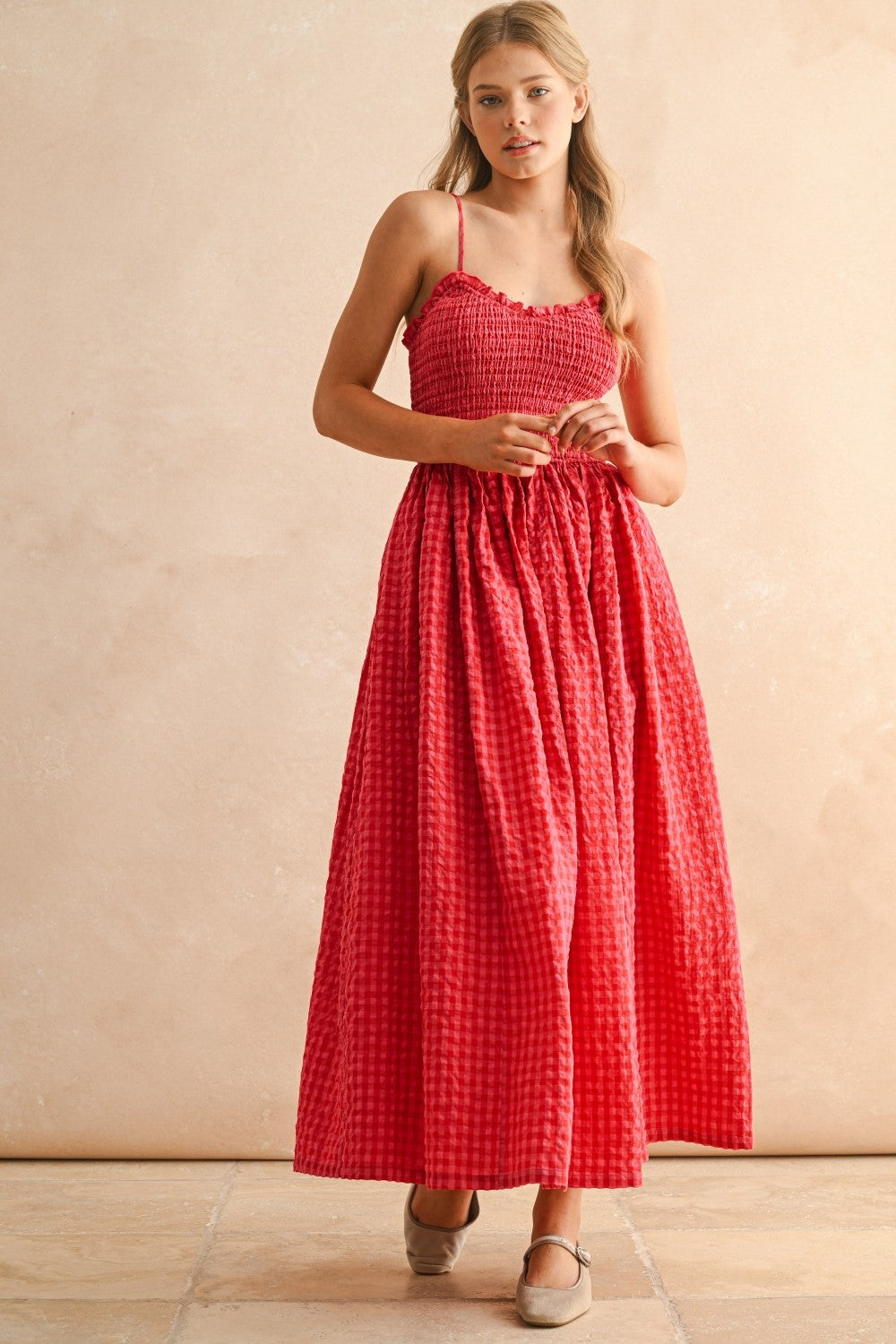 Cherry Smocked Gingham Midi Dress - Clothe Boutique