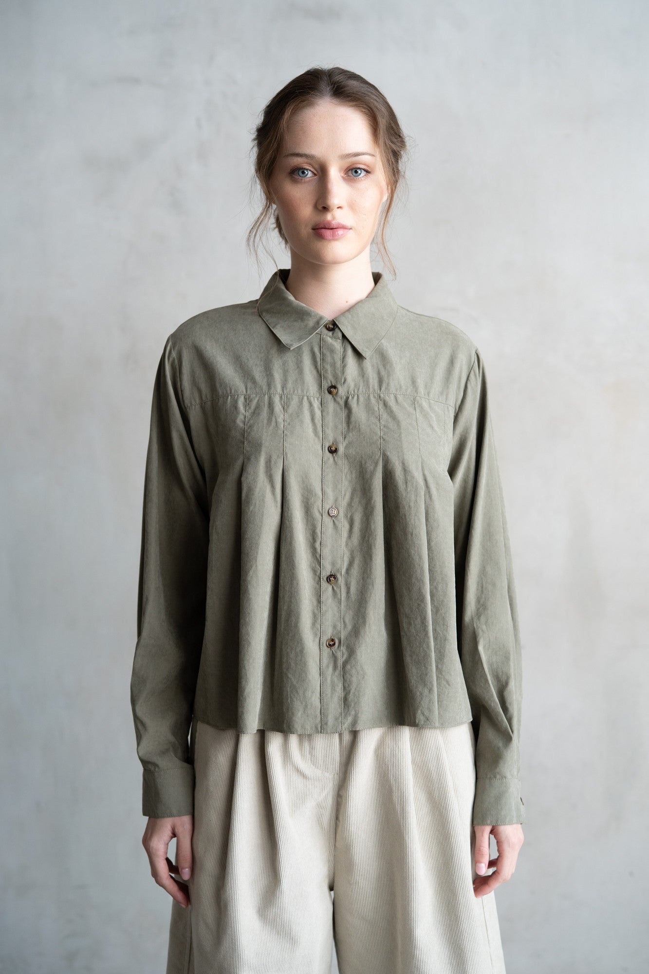 Pleated Button-Up Shirt Sage