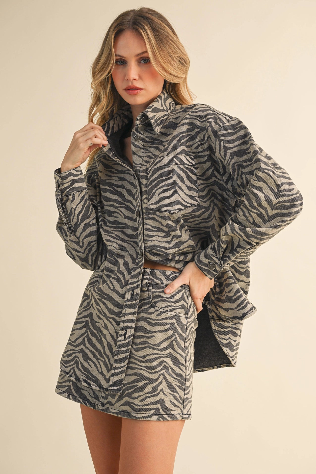 Zebra Denim Oversized Shirt & Skirt Set of 2