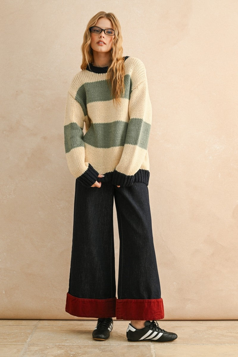Color Combo Stripe Sweater Navy/Sage - Clothe Boutique