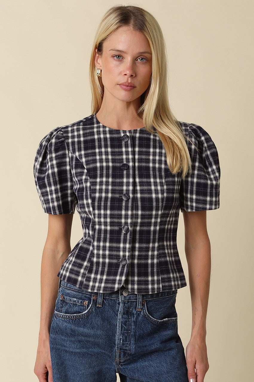 Navy Plaid Buttons Top