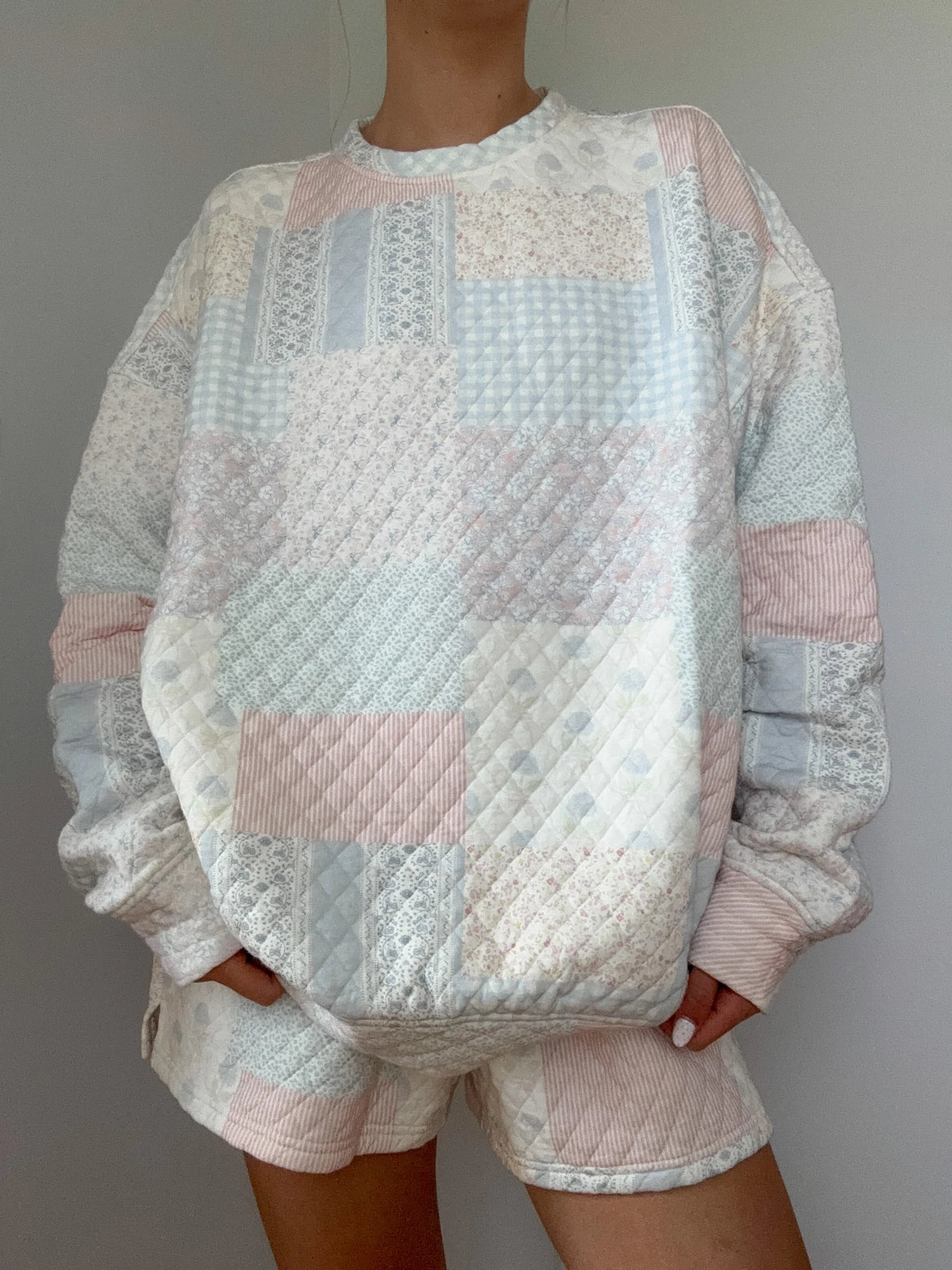 Shades of Blue Patchwork Mock Crew - Clothe Boutique