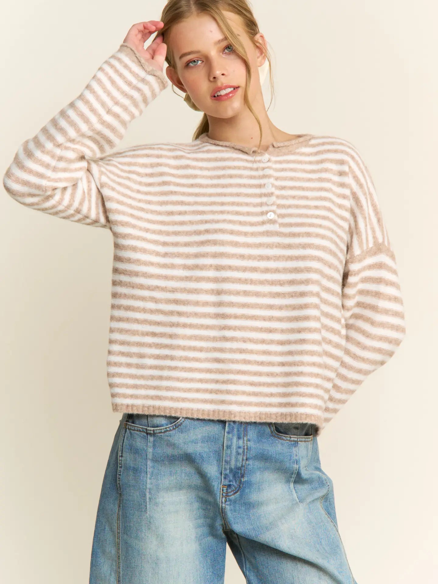 Striped Knit Sweater Oatmeal - Clothe Boutique