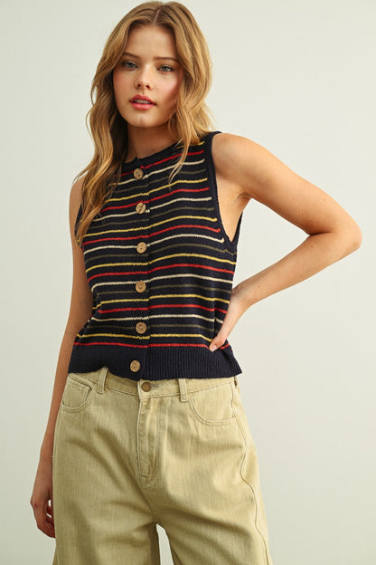 Multi Stripe Button Knit Top Navy
